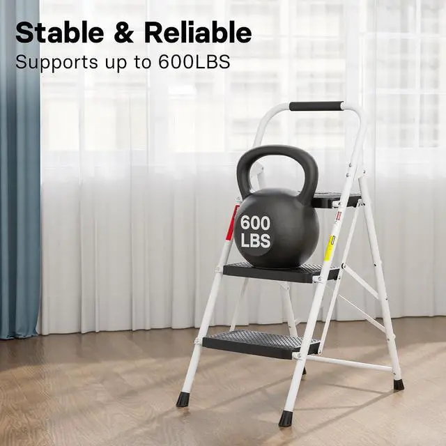 Alt view image 3 of 7 - BONTEC 3-Step Ladder, Folding Step Stool, 600lbs Max Load Capacity, White