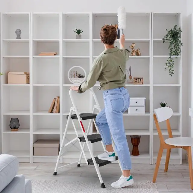 Alt view image 4 of 7 - BONTEC 3-Step Ladder, Folding Step Stool, 600lbs Max Load Capacity, White