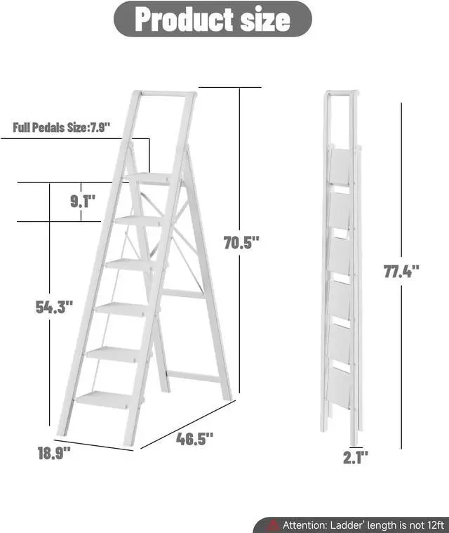 Alt view image 2 of 7 - SOLADDER 6 Step Ladder, Folding Step Stool, Lightweight Stepladder, White