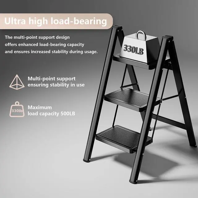 Alt view image 2 of 7 - Step Ladder 3 Step Folding, Sturdy 330 Lbs Small Step Stool for Adults, Closet Step Stool Ladder with Anti-Slip Wide Pedals, Portable Folding Ladder for Home Kitchen Office