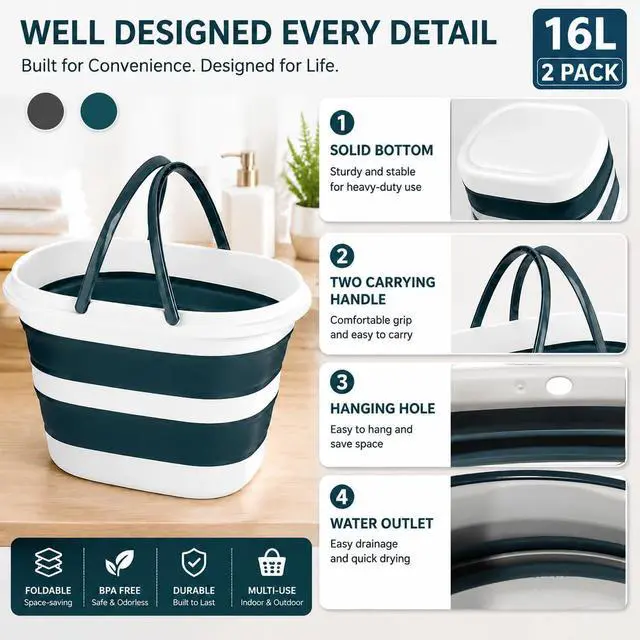 Alt view image 4 of 7 - Coloch 2 Pack 16L/4.2 Gallon Collapsible Plastic Bucket, Foldable Mop Bucket Laundry Basket with Handle, Portable Water Pail Space-Saving Bucket for House Cleaning, Car Washing, Fishing, Camping