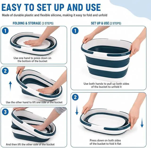 Alt view image 5 of 7 - Coloch 2 Pack 16L/4.2 Gallon Collapsible Plastic Bucket, Foldable Mop Bucket Laundry Basket with Handle, Portable Water Pail Space-Saving Bucket for House Cleaning, Car Washing, Fishing, Camping