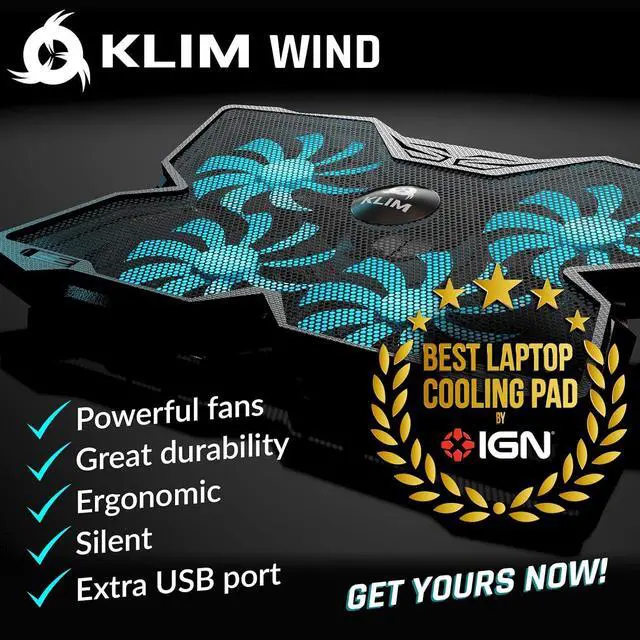 Alt view image 2 of 7 - KLIM Wind Laptop Cooling Pad - More Than 500 000 Units Sold - New Version - The Most Powerful Rapid Action Cooling Fan - Laptop Stand with 4 Cooling Fans at 1200 RPM - USB Fan - PS5 PS4 - Cyan