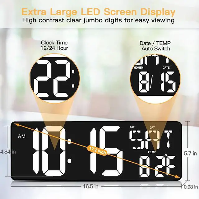 Alt view image 2 of 7 - XREXS 17.2 Inch Large Digital Wall Clock with Remote Control