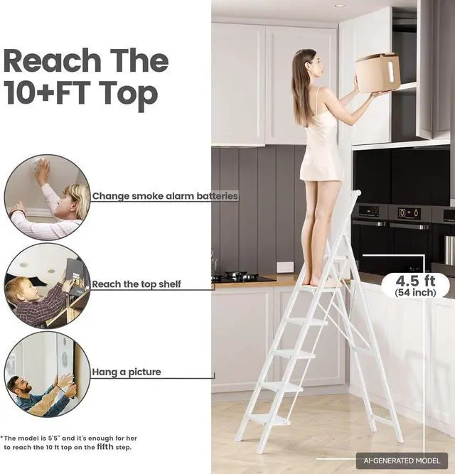 Alt view image 3 of 7 - SOLADDER 6 Step Ladder, Folding Step Stool, Lightweight Stepladder, White