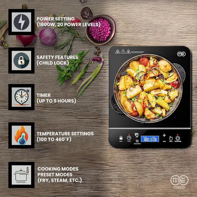 Alt view image 3 of 7 - OMEO Portable Induction Cooktop Hot Plate Countertop Burner 1800 Watts Induction Burner with LCD Sensor Touch, LED Display, 10 Temperature Levels, Child Safety Lock, Auto Shutoff Function
