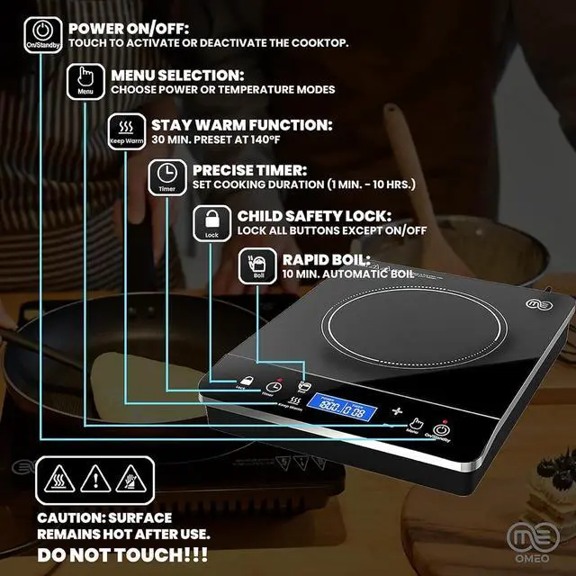 Alt view image 6 of 7 - OMEO Portable Induction Cooktop Hot Plate Countertop Burner 1800 Watts Induction Burner with LCD Sensor Touch, LED Display, 10 Temperature Levels, Child Safety Lock, Auto Shutoff Function