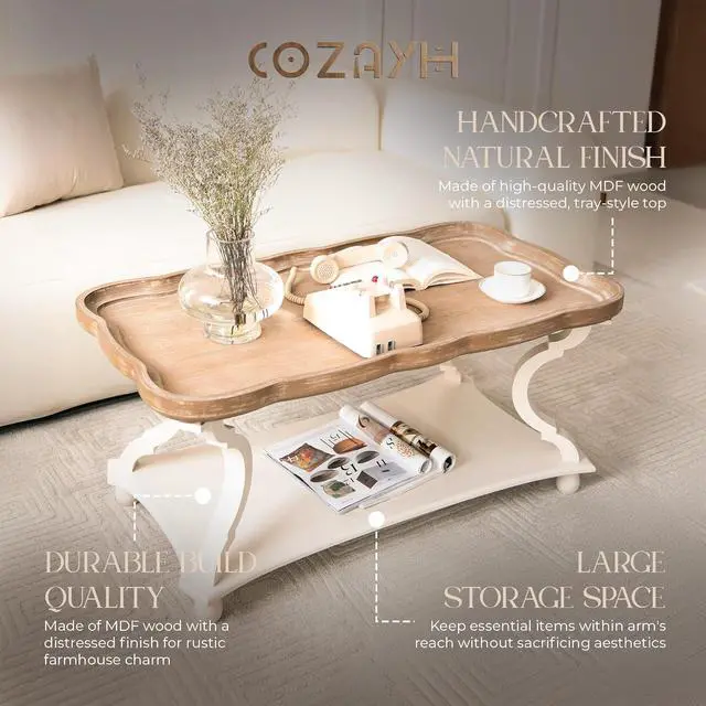 Alt view image 4 of 7 - COZAYH Rustic Farmhouse Cottagecore Coffee Table, Natural Tray Top Sofa Table for Family, Dining or Living Room, Small Spaces, Handcrafted Finish, Modern