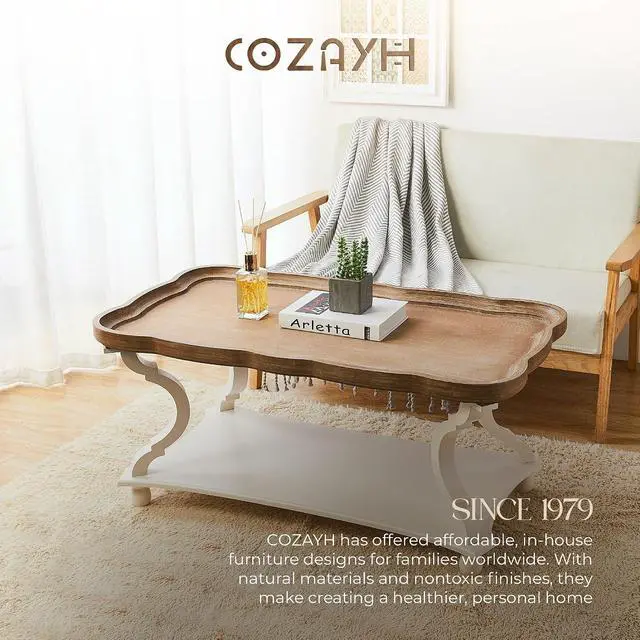 Alt view image 7 of 7 - COZAYH Rustic Farmhouse Cottagecore Coffee Table, Natural Tray Top Sofa Table for Family, Dining or Living Room, Small Spaces, Handcrafted Finish, Modern
