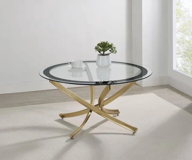 Alt view image 2 of 5 - Coaster Home Furnishings - Brooke - Glass, Metal - Round Coffee Table with Clear Glass Top, Crisscross Metal Legs and Black Trim - Living Room - 35.5 Inch - Rose Brass - 707888