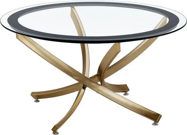 Alt view image 4 of 5 - Coaster Home Furnishings - Brooke - Glass, Metal - Round Coffee Table with Clear Glass Top, Crisscross Metal Legs and Black Trim - Living Room - 35.5 Inch - Rose Brass - 707888