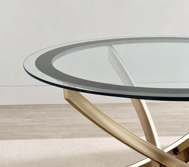 Alt view image 5 of 5 - Coaster Home Furnishings - Brooke - Glass, Metal - Round Coffee Table with Clear Glass Top, Crisscross Metal Legs and Black Trim - Living Room - 35.5 Inch - Rose Brass - 707888