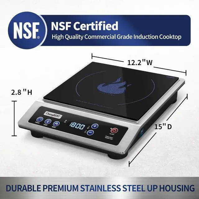 Alt view image 3 of 7 - ChangBERT Induction Cooktop, Commercial Grade Portable Cooker, Large 8 Heating Coil, Premium Stainless Steel Countertop Burner with NSF Certified, 10 Hours Timer Powerful 1800W Professional Hot Plate