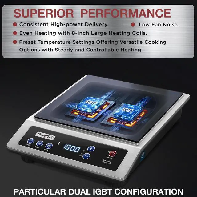 Alt view image 4 of 7 - ChangBERT Induction Cooktop, Commercial Grade Portable Cooker, Large 8 Heating Coil, Premium Stainless Steel Countertop Burner with NSF Certified, 10 Hours Timer Powerful 1800W Professional Hot Plate