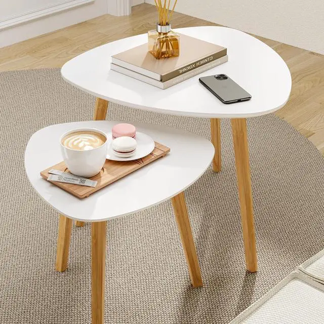 Alt view image 2 of 7 - BAMEOS Bamboo Nesting Triangle End Table,Set of 2 Side Table Modern Minimalist Coffee Table for Living Room, Balcony in White