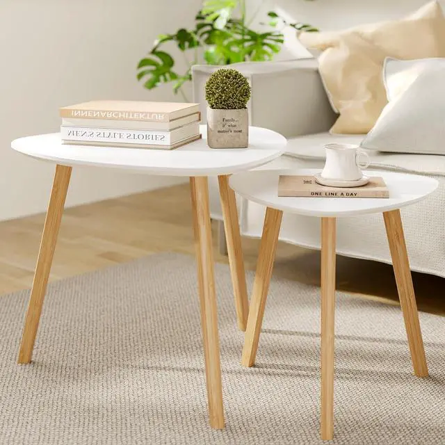 Alt view image 4 of 7 - BAMEOS Bamboo Nesting Triangle End Table,Set of 2 Side Table Modern Minimalist Coffee Table for Living Room, Balcony in White