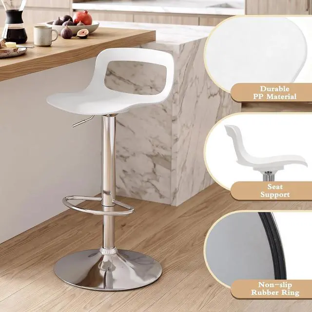 Alt view image 4 of 7 - NOBPEINT NOB Contemporary Chrome Air Lift Adjustable Swivel Bar Stool (White, Set of 2)