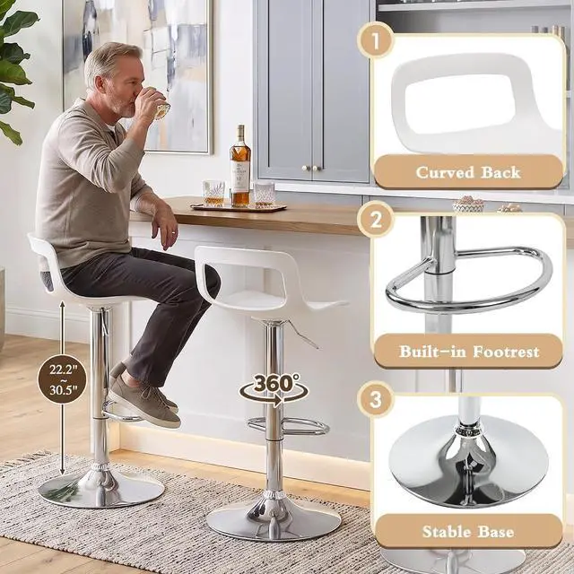 Alt view image 5 of 7 - NOBPEINT NOB Contemporary Chrome Air Lift Adjustable Swivel Bar Stool (White, Set of 2)