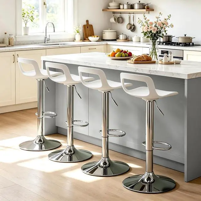 Alt view image 7 of 7 - NOBPEINT NOB Contemporary Chrome Air Lift Adjustable Swivel Bar Stool (White, Set of 2)
