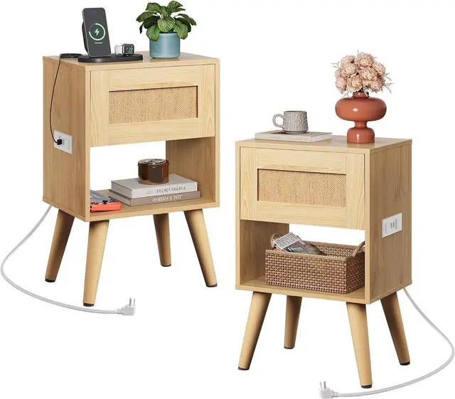 Main image of WLIVE Rattan Nightstands Set of 2 with Charging Station, Boho Nightstand, Wood Side Table, Small End Table with Drawers for Bedroom, Natural Oak