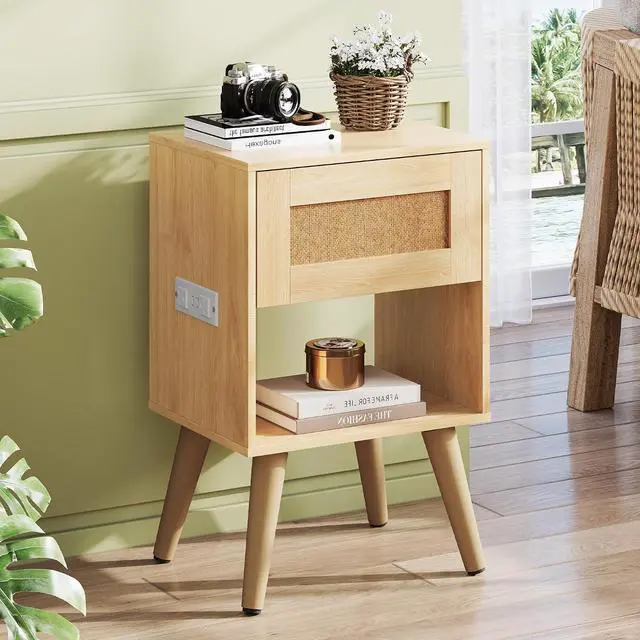 Alt view image 2 of 7 - WLIVE Rattan Nightstands Set of 2 with Charging Station, Boho Nightstand, Wood Side Table, Small End Table with Drawers for Bedroom, Natural Oak
