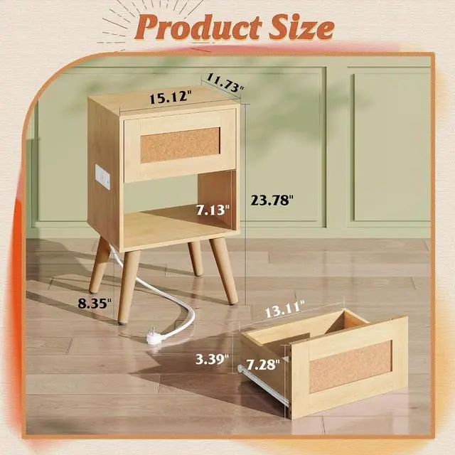 Alt view image 3 of 7 - WLIVE Rattan Nightstands Set of 2 with Charging Station, Boho Nightstand, Wood Side Table, Small End Table with Drawers for Bedroom, Natural Oak