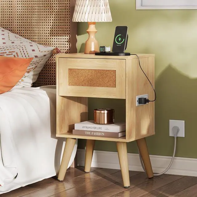 Alt view image 7 of 7 - WLIVE Rattan Nightstands Set of 2 with Charging Station, Boho Nightstand, Wood Side Table, Small End Table with Drawers for Bedroom, Natural Oak