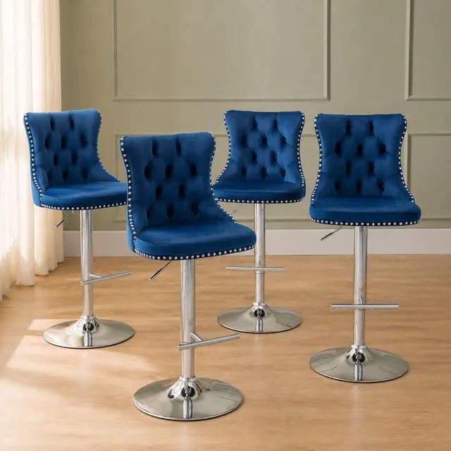 Main image of Swivel Counter Height Bar Stools Set of 4, Navy Kitchen Island Barstools, Velvet Adjustable Bar Height Stool Chairs, Tufted Back, Silver Chrome Metal Base (Blue, Velvet, 4 Pcs)
