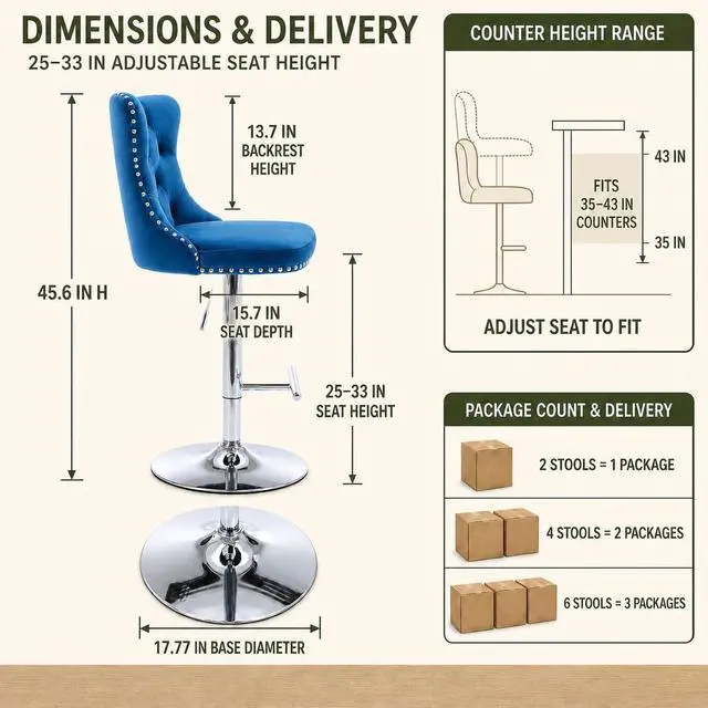 Alt view image 2 of 7 - Swivel Counter Height Bar Stools Set of 4, Navy Kitchen Island Barstools, Velvet Adjustable Bar Height Stool Chairs, Tufted Back, Silver Chrome Metal Base (Blue, Velvet, 4 Pcs)