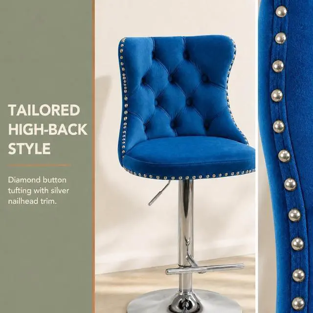 Alt view image 4 of 7 - Swivel Counter Height Bar Stools Set of 4, Navy Kitchen Island Barstools, Velvet Adjustable Bar Height Stool Chairs, Tufted Back, Silver Chrome Metal Base (Blue, Velvet, 4 Pcs)