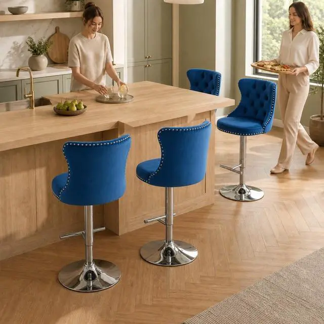 Alt view image 5 of 7 - Swivel Counter Height Bar Stools Set of 4, Navy Kitchen Island Barstools, Velvet Adjustable Bar Height Stool Chairs, Tufted Back, Silver Chrome Metal Base (Blue, Velvet, 4 Pcs)