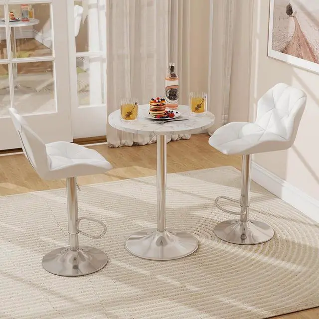 Main image of ARTETHYS Bar Table and Chairs Set Swivel Marble Style Table & White Stool