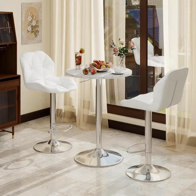 Alt view image 2 of 7 - ARTETHYS Bar Table and Chairs Set Swivel Marble Style Table & White Stool