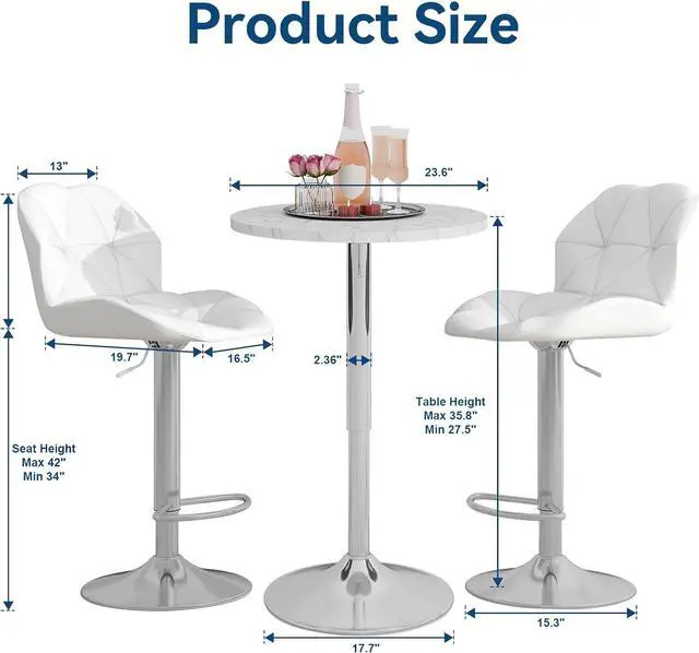 Alt view image 4 of 7 - ARTETHYS Bar Table and Chairs Set Swivel Marble Style Table & White Stool