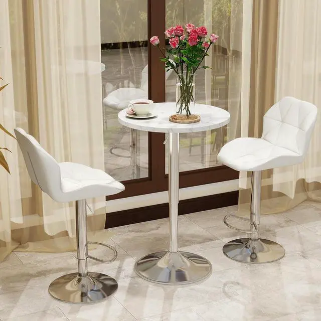Alt view image 6 of 7 - ARTETHYS Bar Table and Chairs Set Swivel Marble Style Table & White Stool