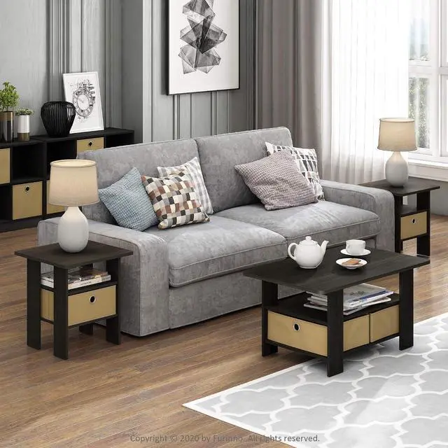 Alt view image 2 of 7 - Furinno Andrey Set of 2 End / Side Table / Night Stand / Bedside Table with Bin Drawer, Espresso
