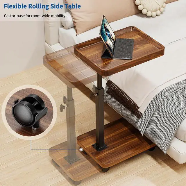 Alt view image 4 of 7 - C Table with Wheels, Adjustable Height, 360° Swivel Bed Tray Table