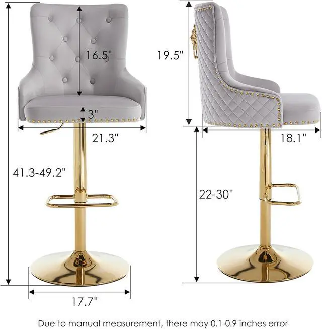 Alt view image 2 of 7 - Velvet Gold Barstools Set of 2, Modern Counter Height Adjustable Swivel Stools Chairs with High Tufted Backrest Golden Base Lion Head Pull Ring Rivet Trim for Kitchen (Grey)