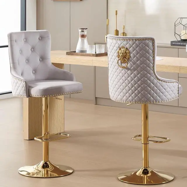 Main image of Velvet Gold Barstools Set of 2, Modern Counter Height Adjustable Swivel Stools Chairs with High Tufted Backrest Golden Base Lion Head Pull Ring Rivet Trim for Kitchen (Grey)