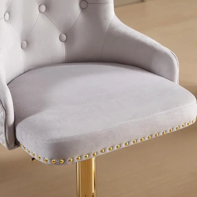 Alt view image 3 of 7 - Velvet Gold Barstools Set of 2, Modern Counter Height Adjustable Swivel Stools Chairs with High Tufted Backrest Golden Base Lion Head Pull Ring Rivet Trim for Kitchen (Grey)