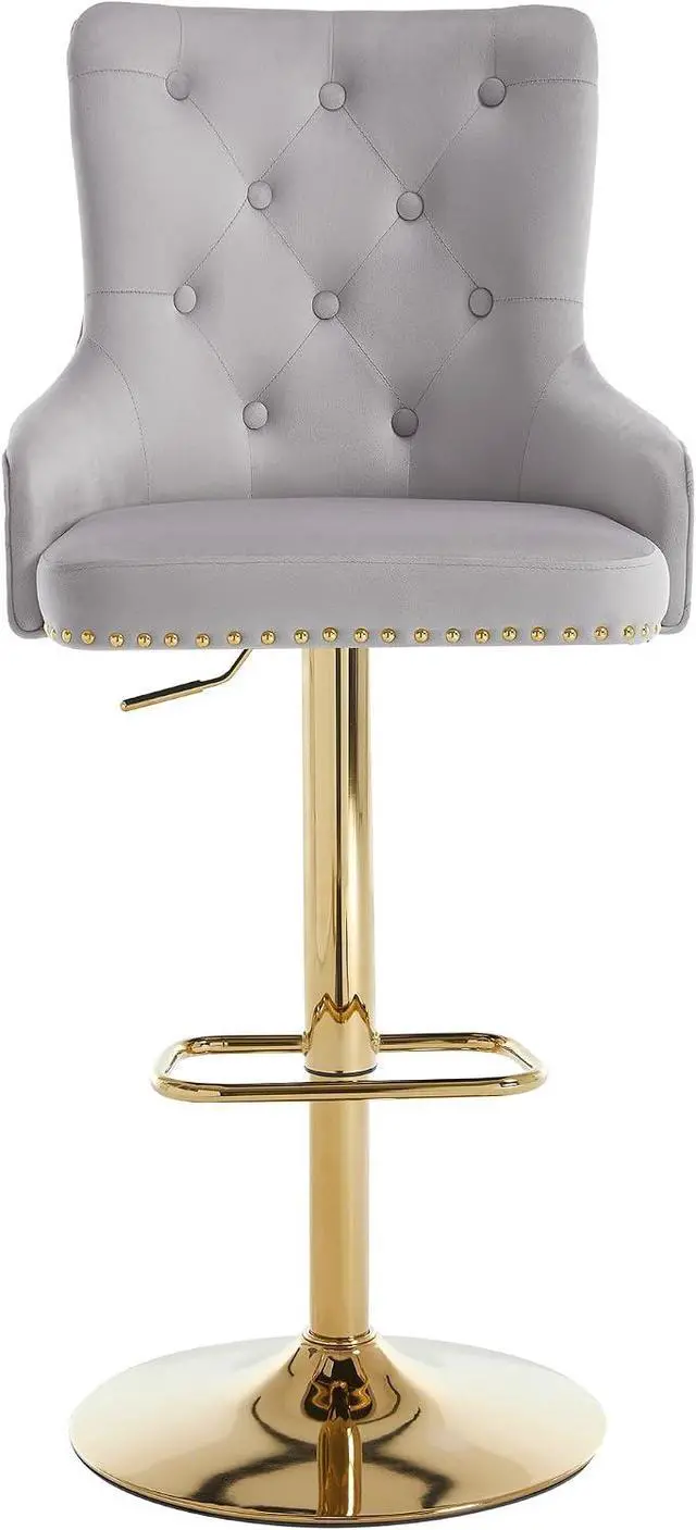 Alt view image 5 of 7 - Velvet Gold Barstools Set of 2, Modern Counter Height Adjustable Swivel Stools Chairs with High Tufted Backrest Golden Base Lion Head Pull Ring Rivet Trim for Kitchen (Grey)