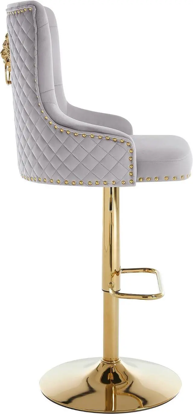 Alt view image 6 of 7 - Velvet Gold Barstools Set of 2, Modern Counter Height Adjustable Swivel Stools Chairs with High Tufted Backrest Golden Base Lion Head Pull Ring Rivet Trim for Kitchen (Grey)