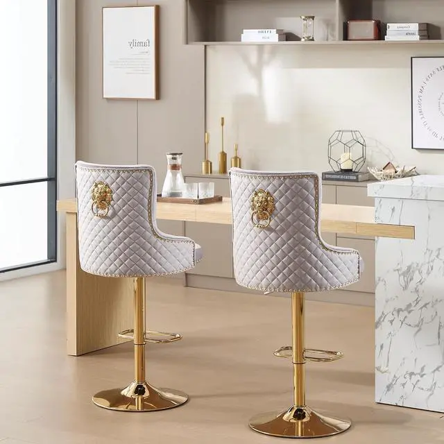 Alt view image 7 of 7 - Velvet Gold Barstools Set of 2, Modern Counter Height Adjustable Swivel Stools Chairs with High Tufted Backrest Golden Base Lion Head Pull Ring Rivet Trim for Kitchen (Grey)