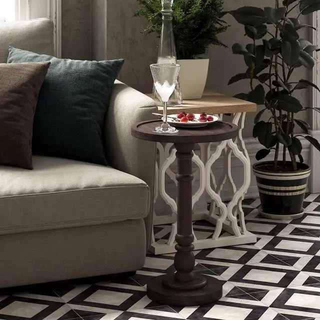 Alt view image 2 of 7 - COZAYH Traditional Rustic Pedestal Table, Round Tray Top End Table with Farmhouse Style Distressed Finish for Small Spaces, Dark Brown