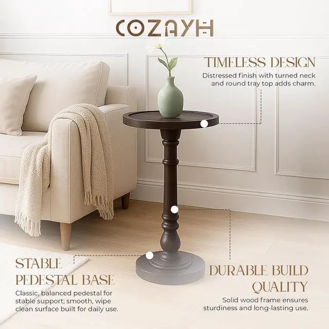 Alt view image 4 of 7 - COZAYH Traditional Rustic Pedestal Table, Round Tray Top End Table with Farmhouse Style Distressed Finish for Small Spaces, Dark Brown