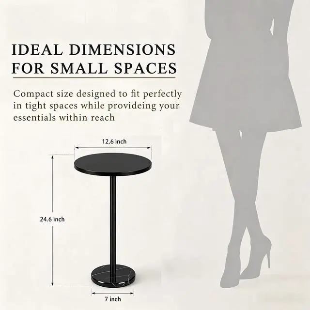 Alt view image 2 of 7 - smusei Drink Tables for Small Spaces Pedestal Side Table with Marble Base Small Round Side Table Black Coffee Table for Sofa Couch Chair Patio, Black