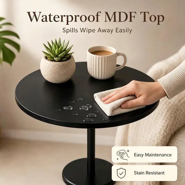 Alt view image 3 of 7 - smusei Drink Tables for Small Spaces Pedestal Side Table with Marble Base Small Round Side Table Black Coffee Table for Sofa Couch Chair Patio, Black