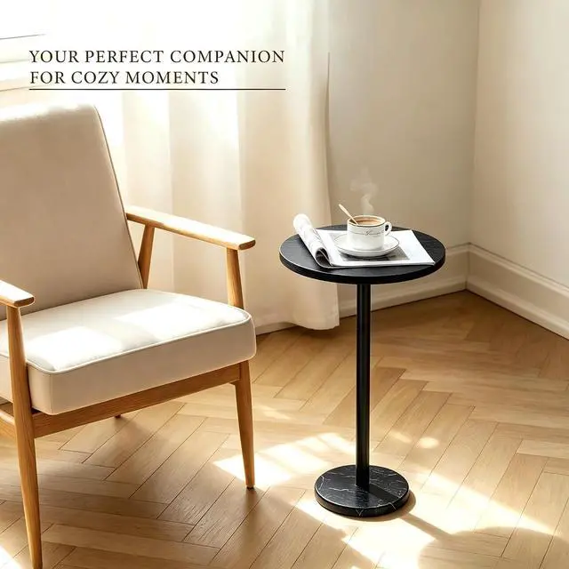 Alt view image 5 of 7 - smusei Drink Tables for Small Spaces Pedestal Side Table with Marble Base Small Round Side Table Black Coffee Table for Sofa Couch Chair Patio, Black