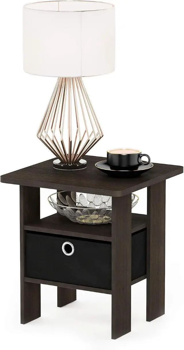 Alt view image 3 of 4 - Furinno Andrey Set of 2 End Table / Side Table / Night Stand / Bedside Table with Bin Drawer, Dark Brown/Black
