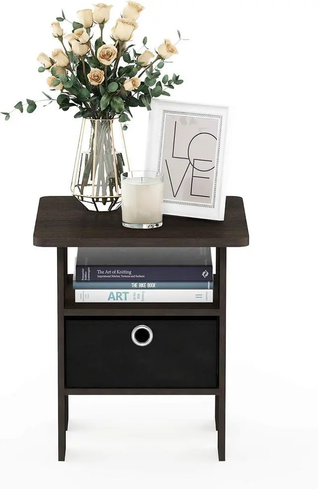 Alt view image 4 of 4 - Furinno Andrey Set of 2 End Table / Side Table / Night Stand / Bedside Table with Bin Drawer, Dark Brown/Black